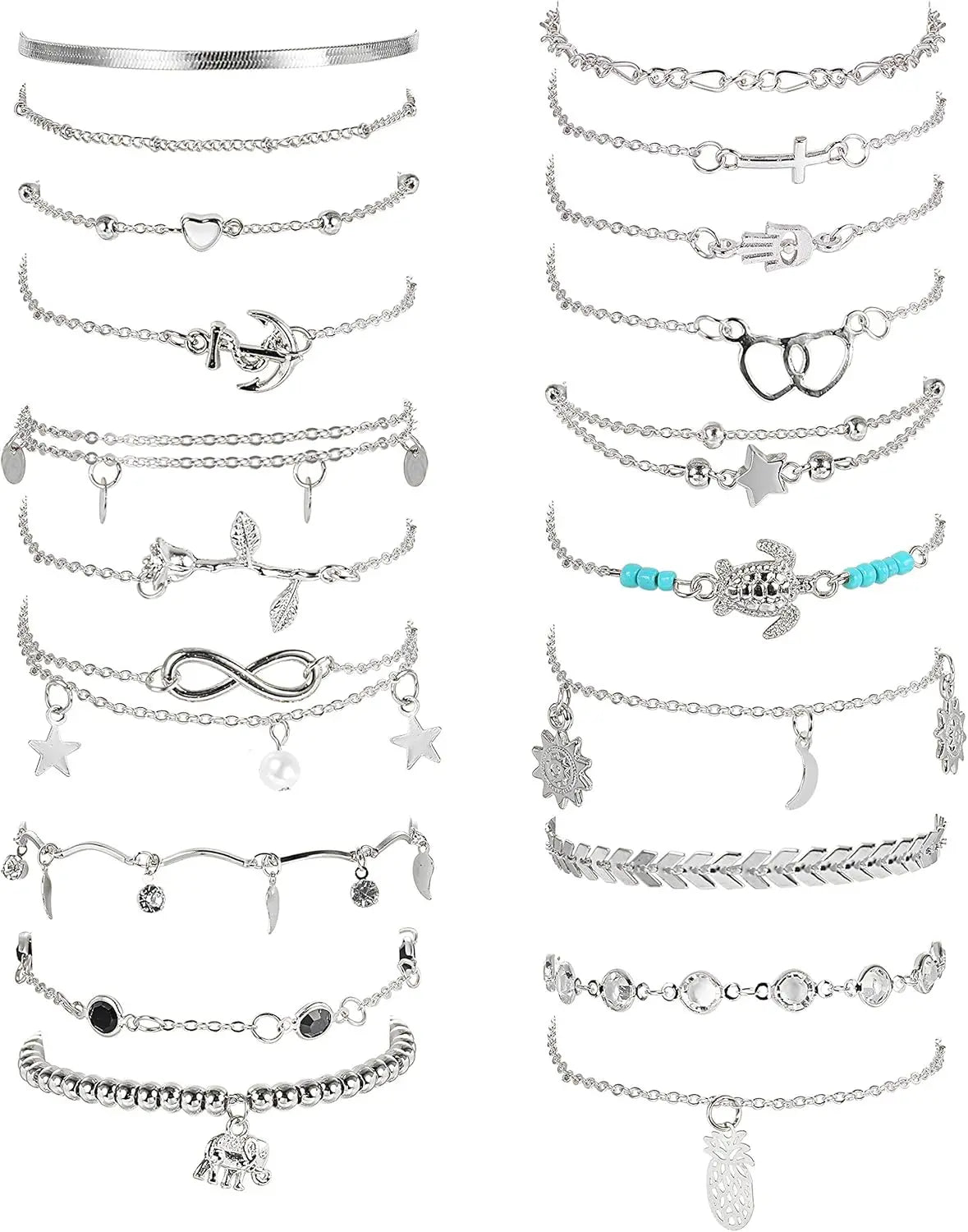 20Pcs Ankle Bracelets for Women, Waterproof Summer Beach Anklets, Boho Cute Charm Anklets, Layered or Stackable Women's Anklet Bracelets Set. Non Tarnish Foot Jewelry