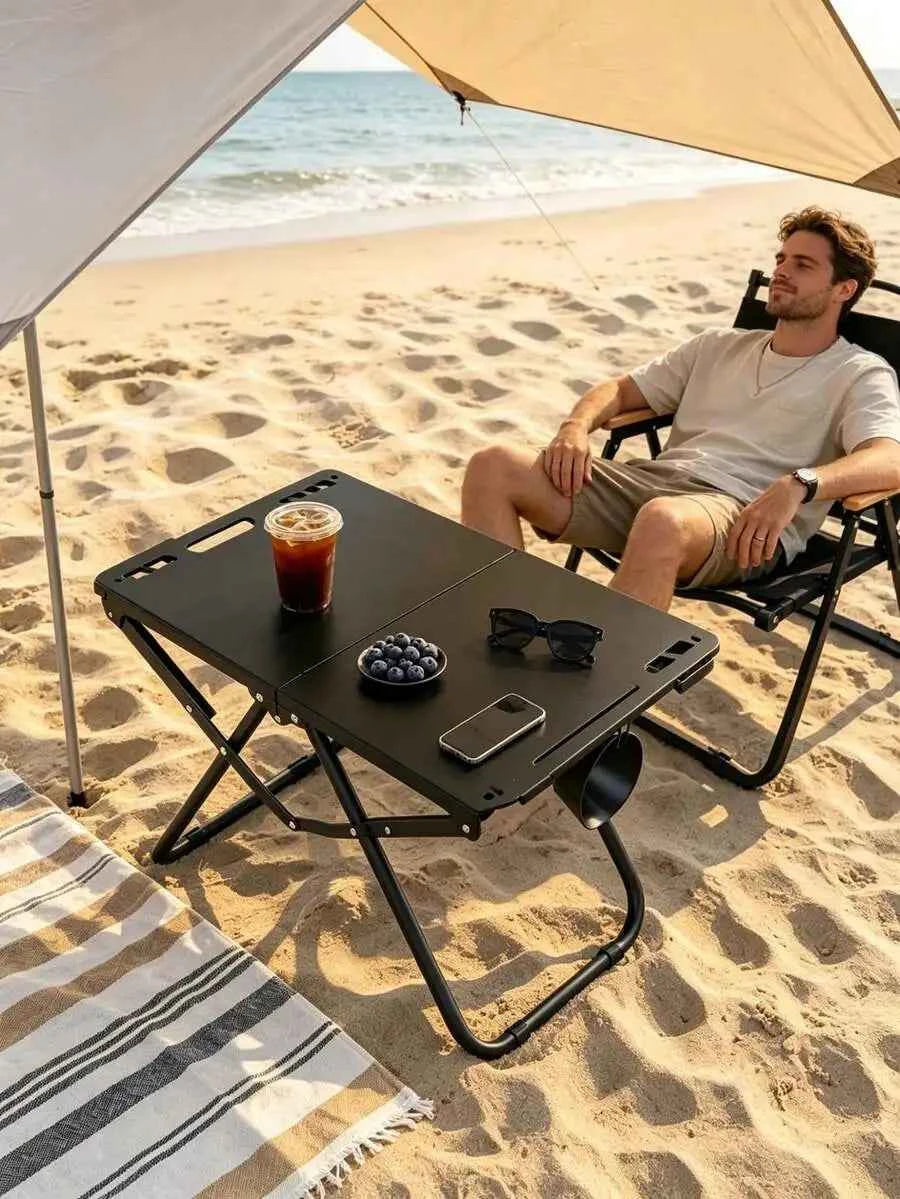 1-piece foldable portable table with cup holder, lightweight aluminum outdoor side table suitable for beach, picnic, fishing, hiking, and travel