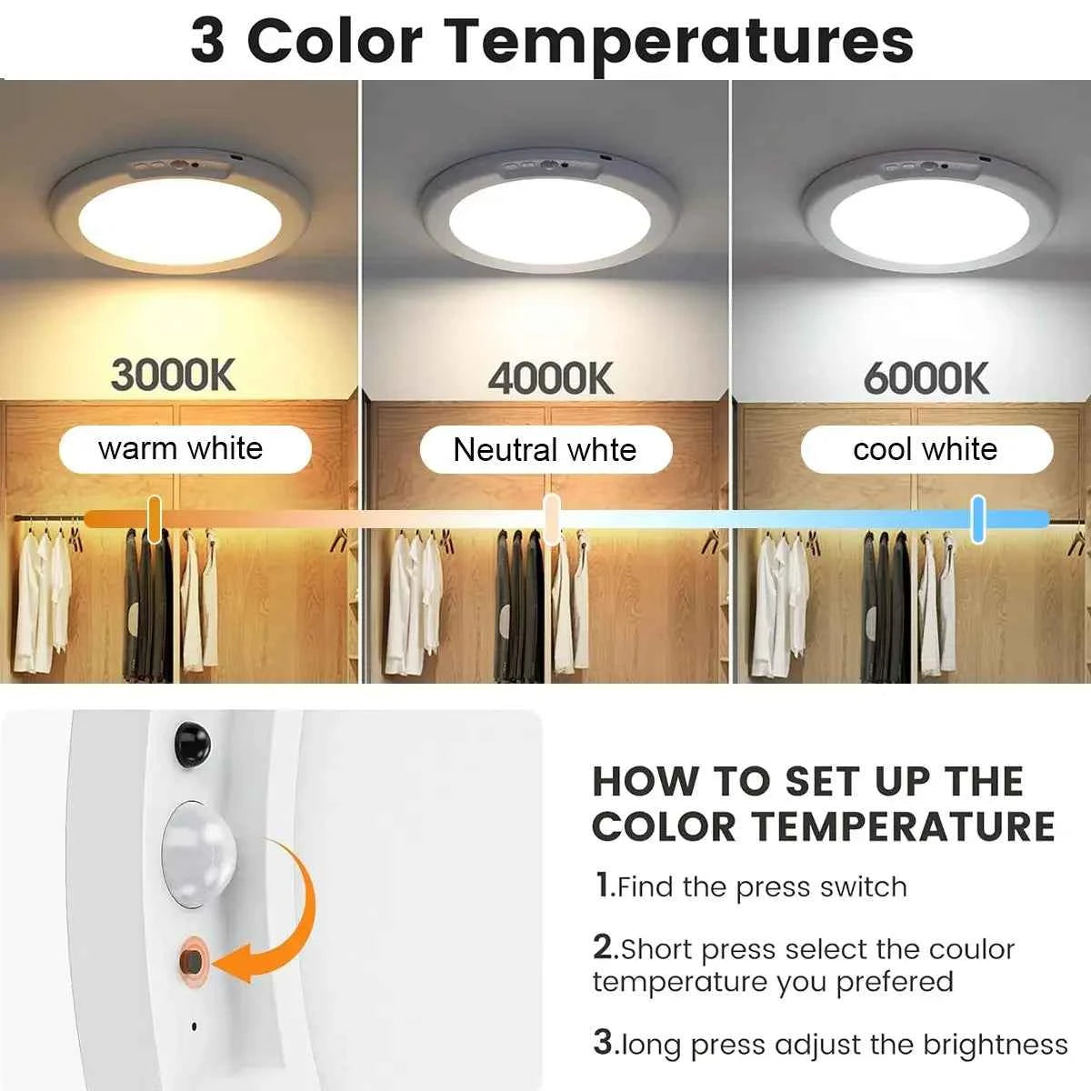 4/2Pack Rechargeable Sensor Ceiling Light with Remote Control, USB Charging, Magnetic Wireless Ceiling Light, Battery Powered.