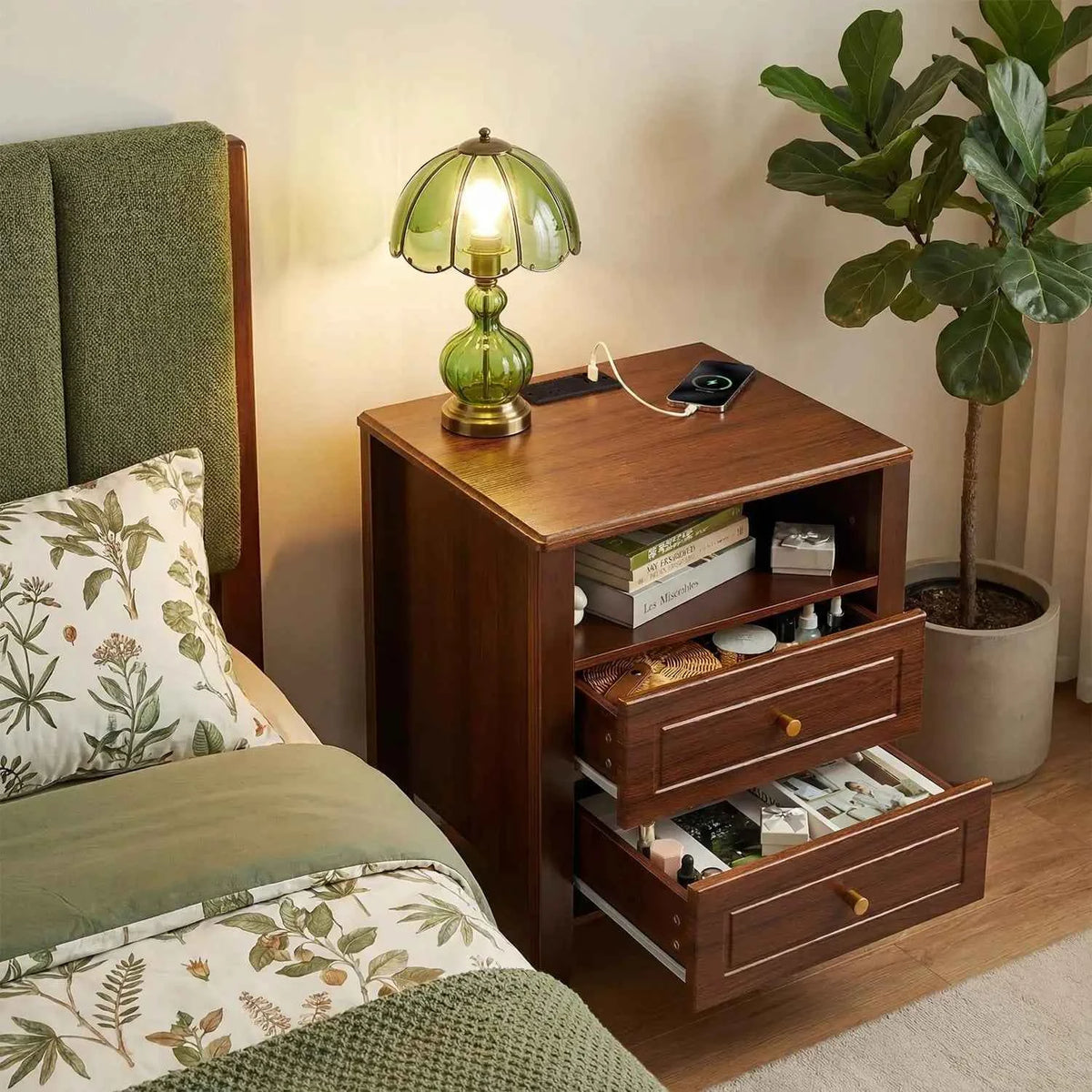 Nightstand with Charging Station, 2 Drawers and Open Shelf. With USB Type C Port & AC Outlet. Farmhouse Storage Cabinet.  Black
