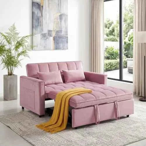 3 in 1 Convertible Sleeper Sofa Bed, 54'' Full Size Velvet Pull Out Futon Couch. With Reclining Backrest & 2 Pillows