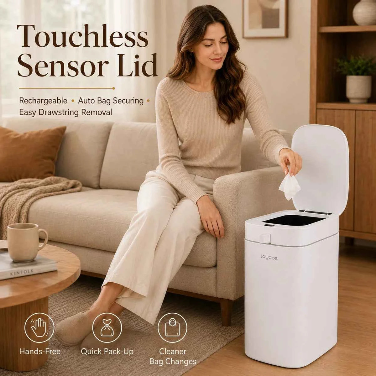 Joybos Smart Trash Can with Auto-Lining, Touchless Sensor Garbage Bin + Free Drawstring Bags, No-Mess Pull & Lift Wastebasket