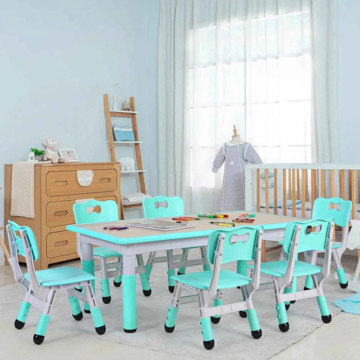 Homfa Rectangle Kids Table with 6 Chairs Set, Height Adjustable. Toddler Multi Activity Table Set, Arts & Crafts Desk for 2-10 years old.