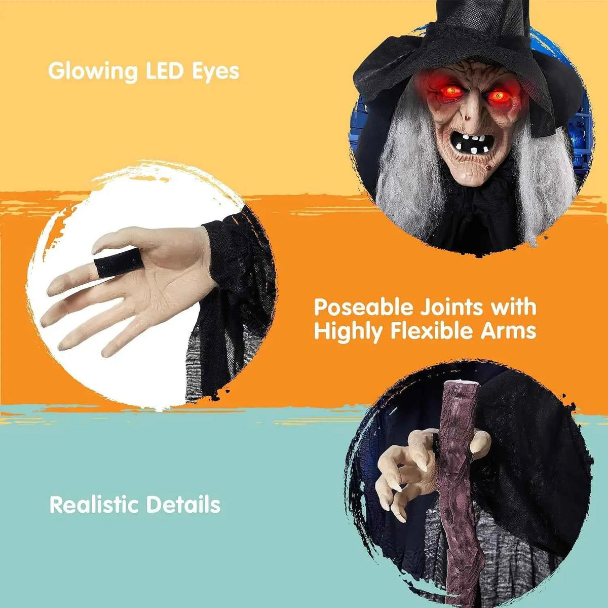 72" Animatronics Witch Outdoor Halloween Decorations with Cane. Life Size Animated Ghost. Haunted House Prop Décor with Creepy Sound and Light-up Eyes, Party Supplies