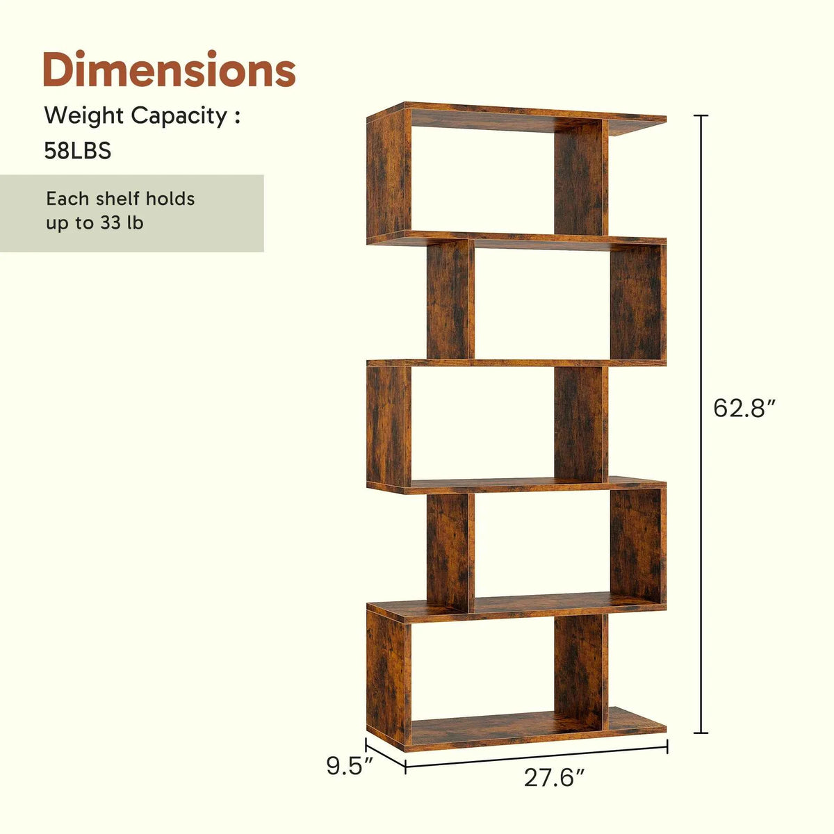 JHK 62 INCH Geometric Bookcase. 5 Tier S-Shaped Wooden Display. Bookshelf, Storage, Standing Shelf. Stable Frame, Graduated Shelves