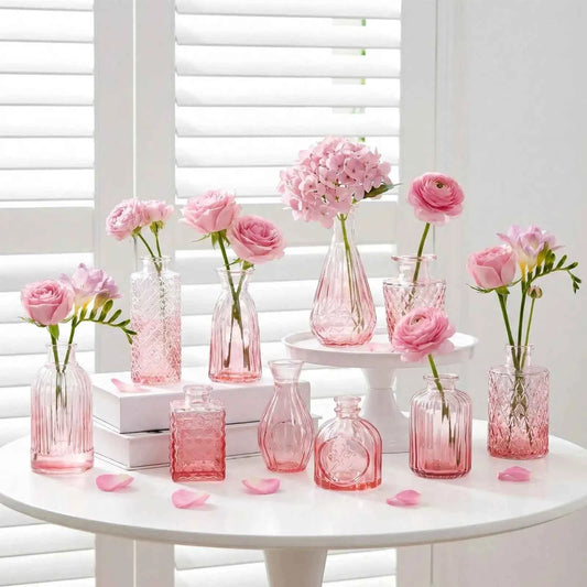 12 Pack Glass Bud Vase Set, Small Vintage Flower Vases for Centerpieces, Blue/Green/Pink Decorative Bottles for Wedding, Home, Table Decor, Mother's Day Gift