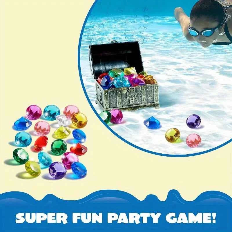 Joyfy Diving Gems Pool Toys. 16 Big Colorful Diamond with Pirate Treasure Chest for Kids Underwater Gemstone Swimming.