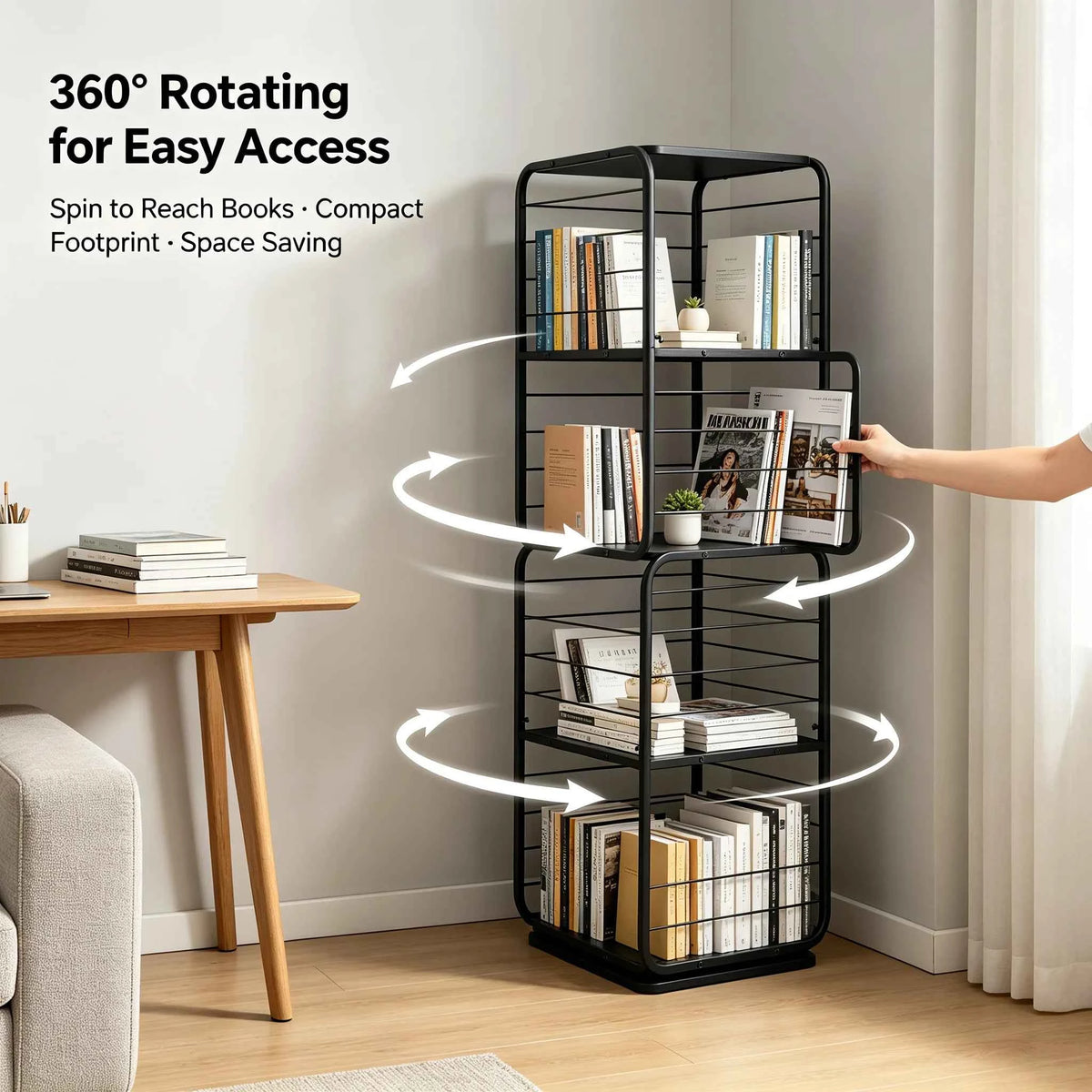 4-Shelf Steel Rotating Bookcase with 132 lbs. Capacity. 360° Swivel Display Rack,  Freestanding Storage Organizer.  Black