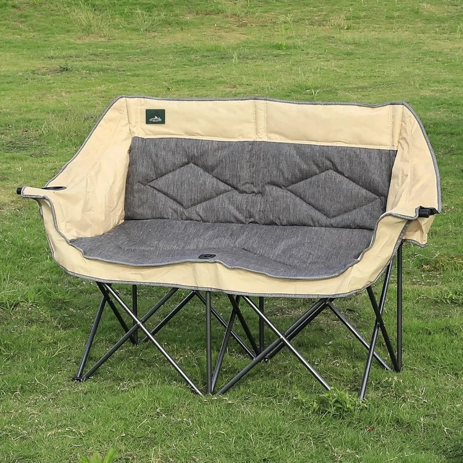 Folding Loveseat Camping Chair. Portable Double Duo Full Padded Garden Chair for 2 Person Sofa with 2 Cup Holders and Wine Glass