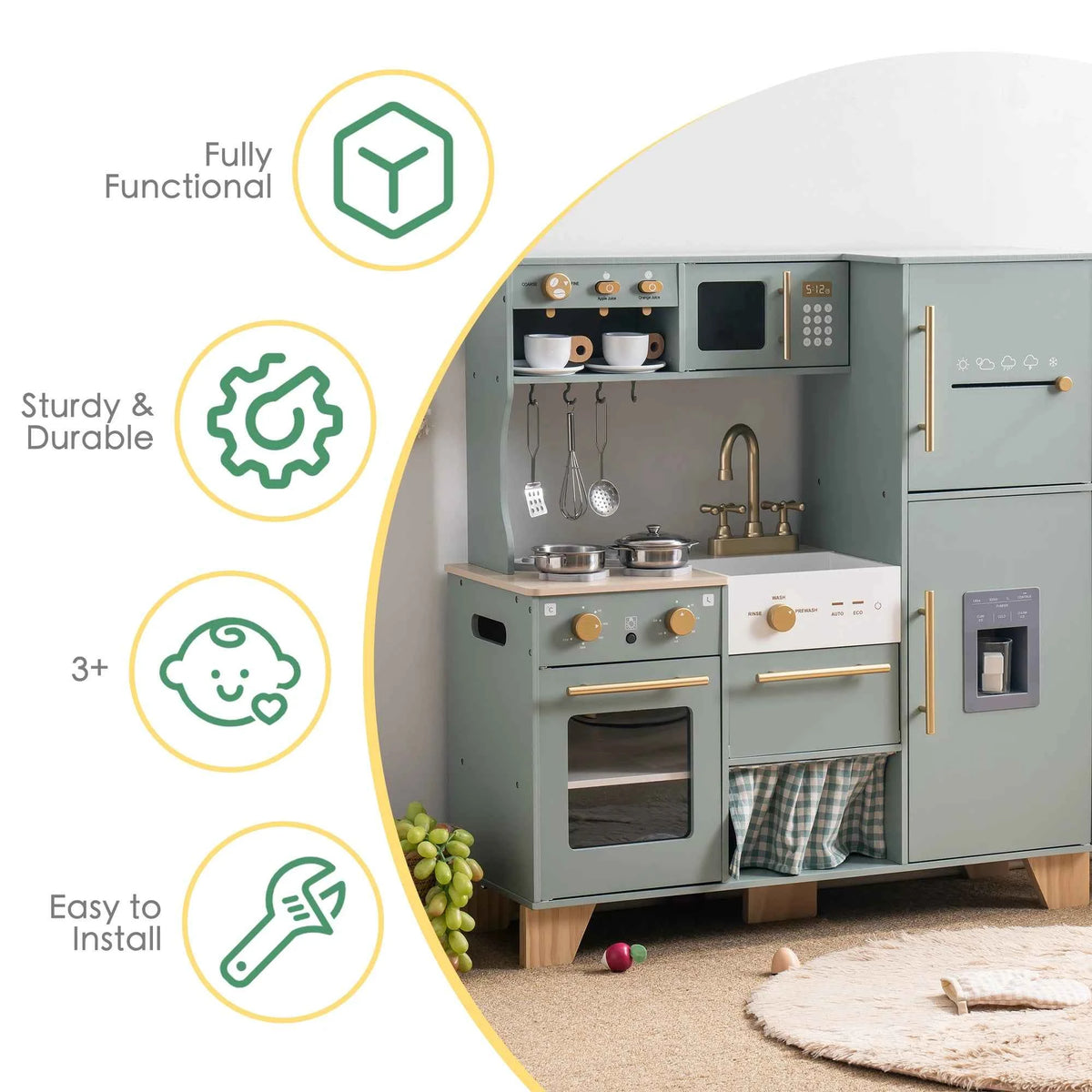 Robud Wooden Kitchen Playset. Bean Green Toy for Kids, Toddlers, Preschool. Gift for Girls or Boys Age 3+