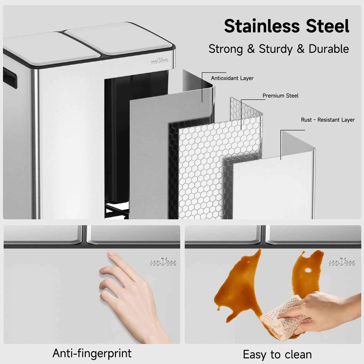 mVm Trash Can Stainless 60L/40L/45L Kitchen Step Trash Bin for Recycling Waste Sorting Soft Close Lid Double Lid