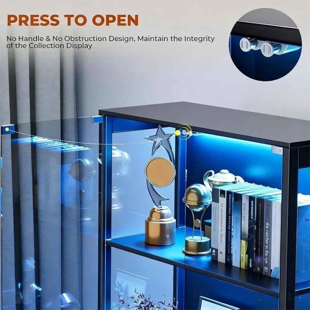 Display Cabinet with Glass Doors, Curio Cabinet with 3 LED Lights and Human Body Sensor, Bookcase with 4 Shelves, Customized