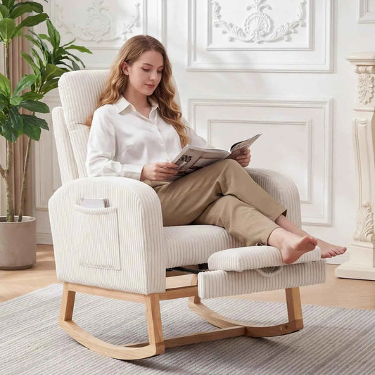 Corduroy Nursery Rocking Chair, Tufted Glider Rocker with Adjustable Footrest & Side Pocket for Bedroom Living Room