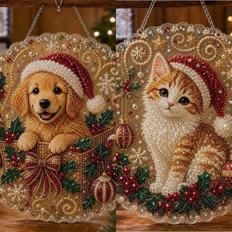 New Christmas Pearl Diamond Kit. DIY. Dog, Cat, Hummingbird, & More Patterns. Acrylic Circular Board With Lace Edges Wall Decorate Gifts