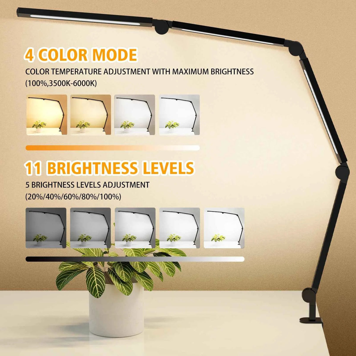 Ultra Bright LED Clamp Desk or Table Lamp, Eye Protection,  Adjustable Swing Arm, Dimmable Color Temperature. Reading Light, USB Powered. Study Lamp for Home, Office, Workbench, Makeup, Live Streaming