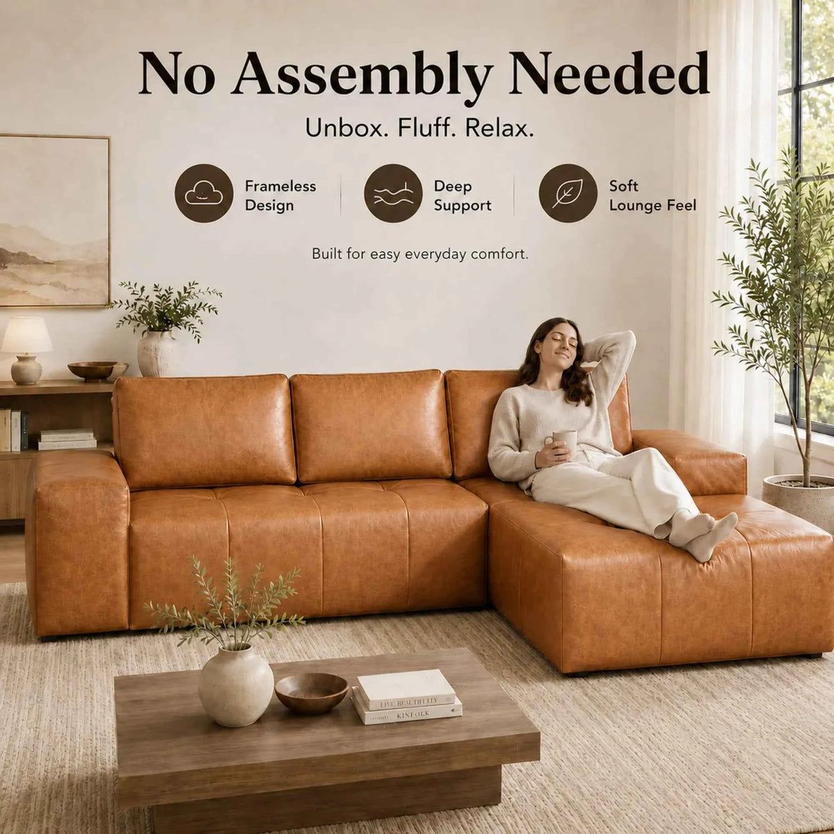 114" Cloud Sectional Sofa with Chaise, L-Shaped Modular Faux Leather Couch, Boneless Deep Seat Sofa. No Assembly Needed. Brown