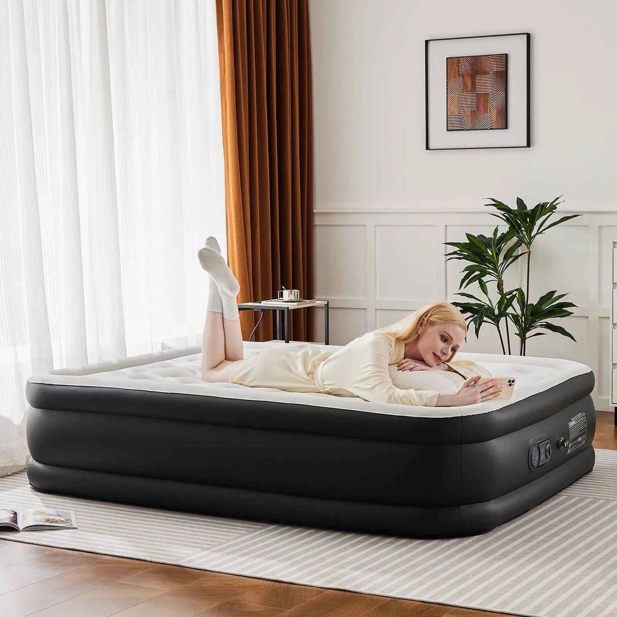 JHK Queen Or Twin Size Air Mattress. Blow Up Double Height with Non-Slip Bottom. Weight Capacity 660 lbs. Air Bed for  Home or Camping