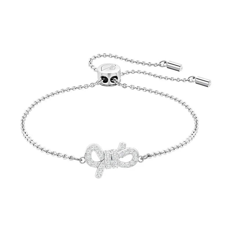 Buy One Get One Free S925 Sterling Silver Full Diamond Silver Bow Drawstring Bracelet for Women, Charm Bracelet