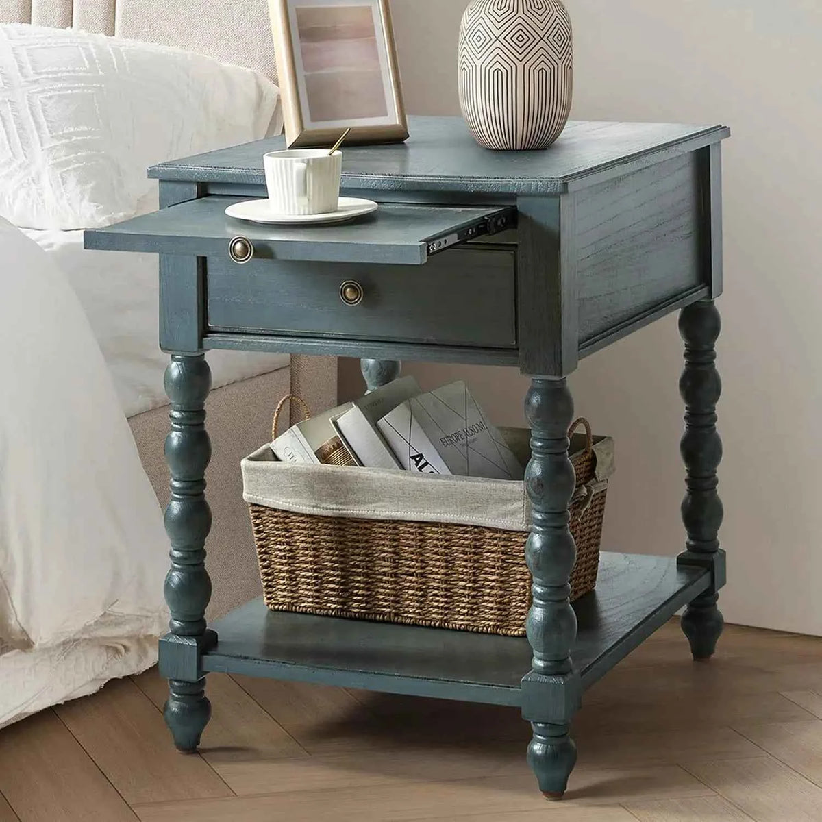 Solid Wood Spindle Nightstand with Charging Station, Drawer, Shelf, and Pull-Out Side Table. Customized Bedroom Furniture