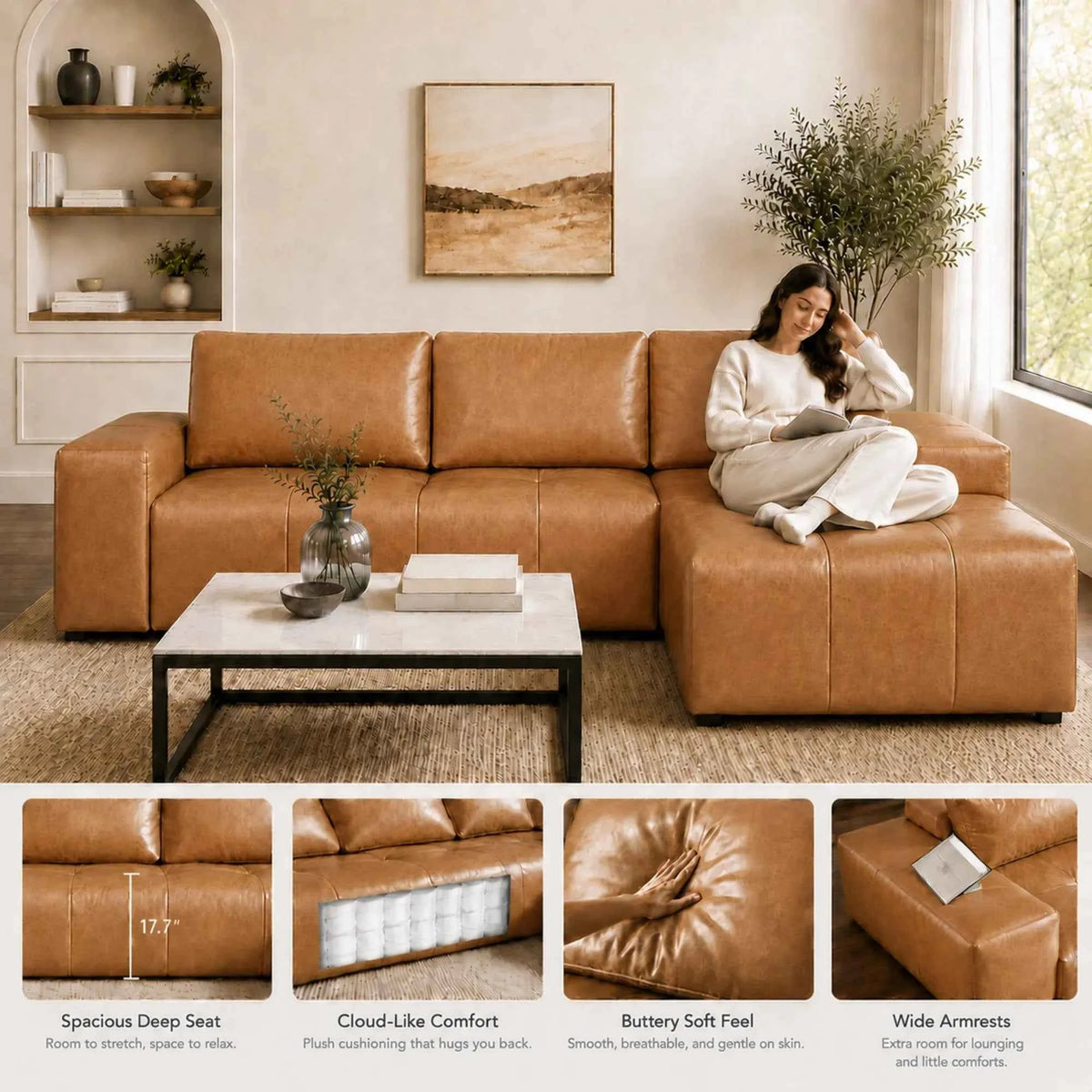 114" Cloud Sectional Sofa with Chaise, L-Shaped Modular Faux Leather Couch, Boneless Deep Seat Sofa. No Assembly Needed. Brown