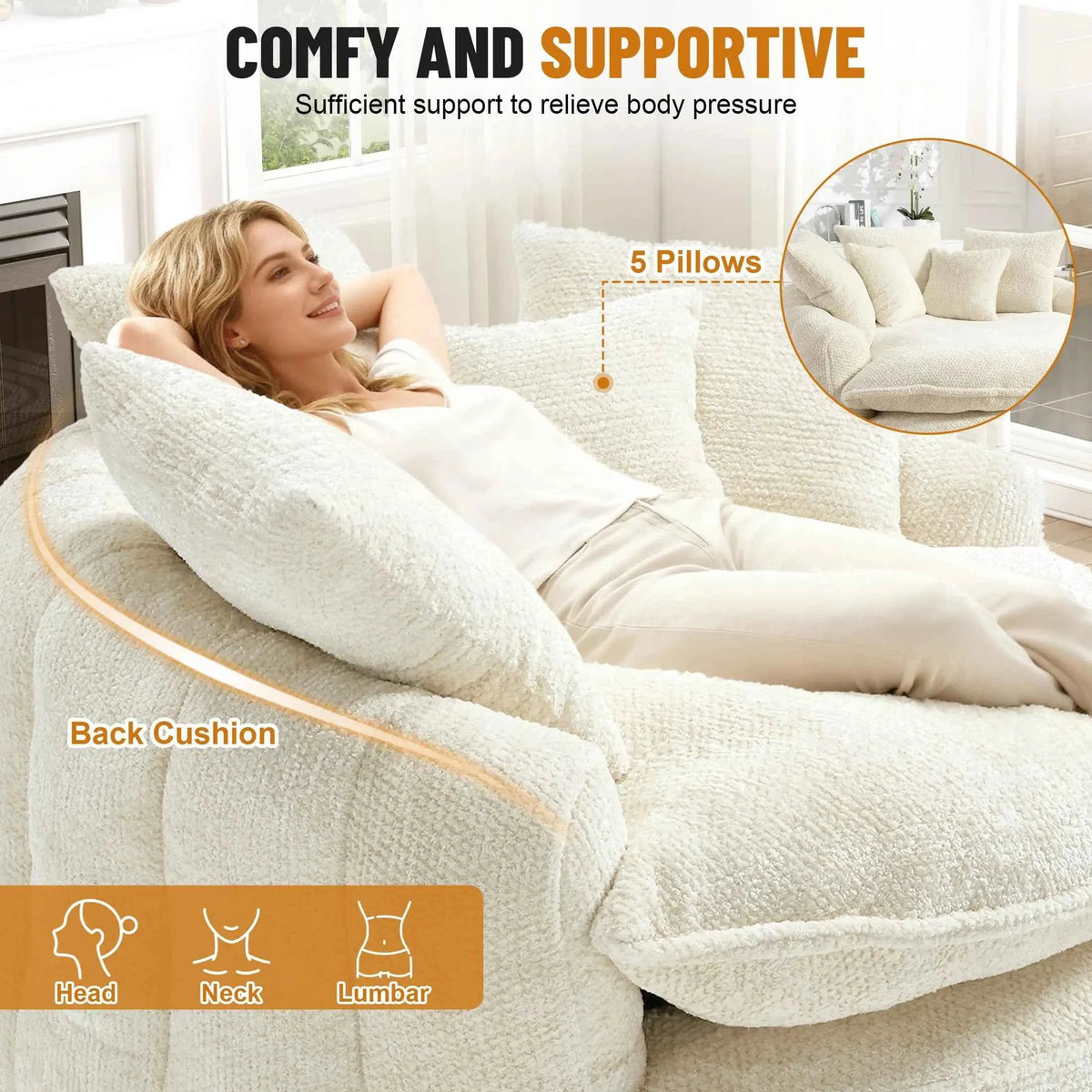 54.3" Round Chaise Lounge Chair, Modern Upholstered Boneless Couch with 5 Throw Pillows and Deep Seat