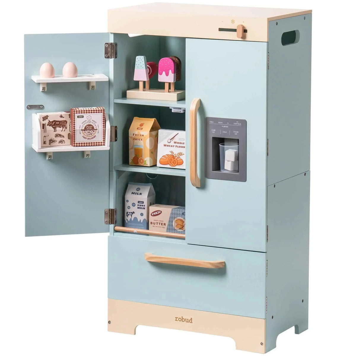 Robotime Robud Play Kitchen Fridge/ Refrigerator with Ice Dispenser. Wooden Kids Play Kitchen Playset Toy for Ages 3+, Color is Blue