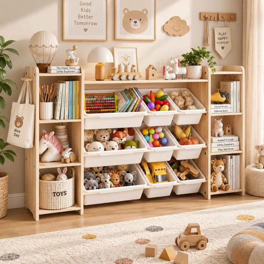 White Bookshelf and Toy Storage Organizer with 6 Shelves, 9 Bins, & 6 Hooks,