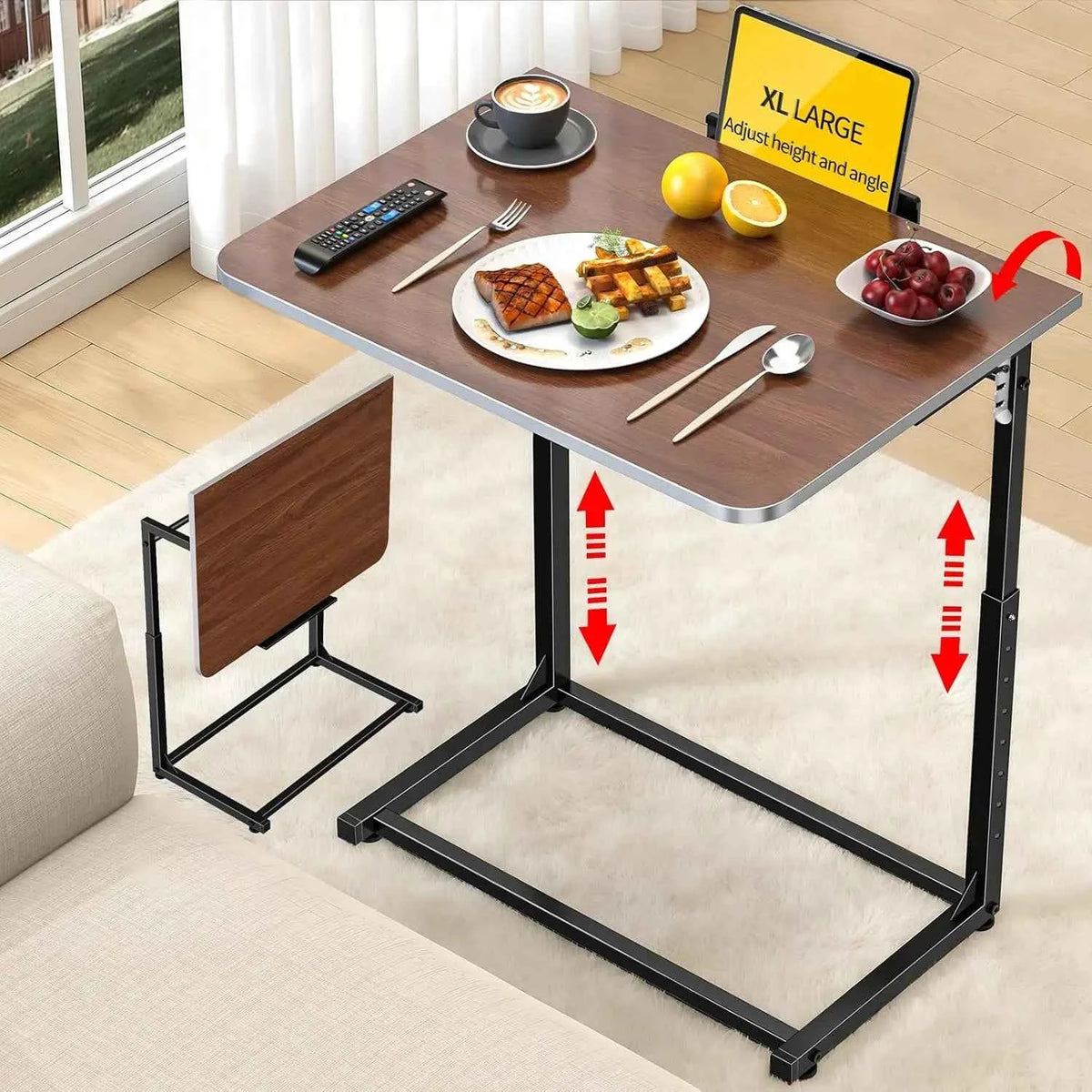 Extra Large Heavy Duty TV Tray Table, 23.6" Folding C-Shaped. Laptop Desk.  Height & Tilt Adjustable. End Table with Phone/Tablet Slot, Easy Clean. Walnut Finish