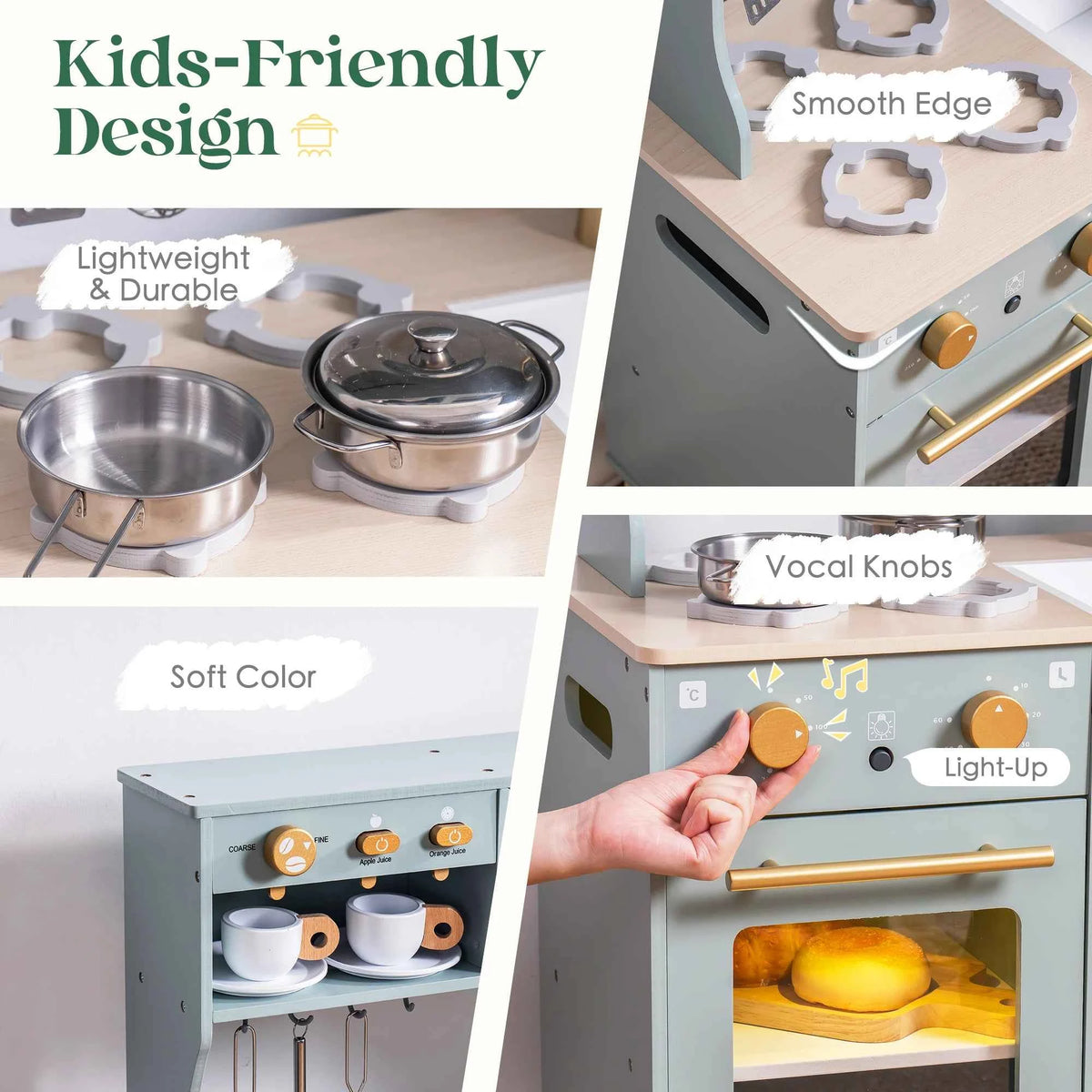 Robud Wooden Kitchen Playset. Bean Green Toy for Kids, Toddlers, Preschool. Gift for Girls or Boys Age 3+