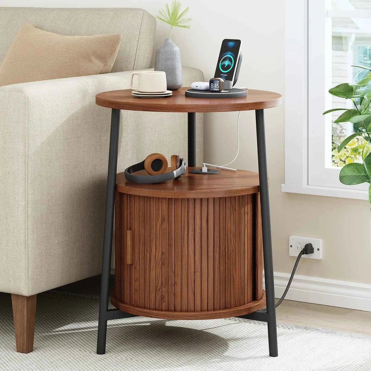 Black Small Round Side Table with Storage, Fluted Nightstand with Charging Station, Modern Bedside Tables, End Tables