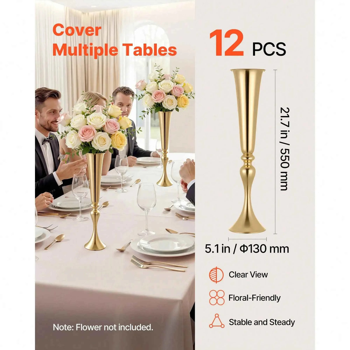 12 PCS Wedding Flower Vase, 21.7 In Tall Trumpet Flower Table Centerpieces, Banquet Vases Easy Installation, Electroplated Versatile Arrangement Stand For Party Events, Home Decor, Reception, Gold