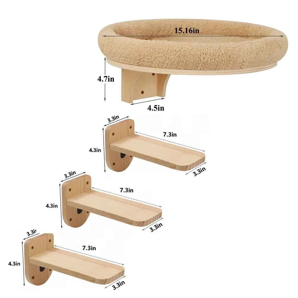 Cat Wall Mounted Solid Wooden Furniture & Climbing Ladder and Cat Hammock with Scratching Post for Activity Indoor Cats Perches