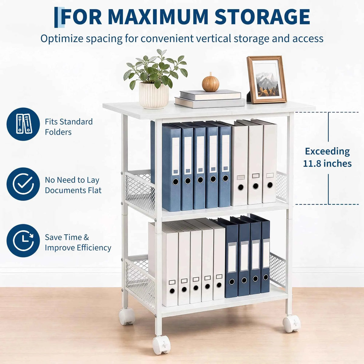 3-Tier Printer Stand with Storage Shelves, Mobile Heavy Duty Rolling Rack on Wheels for Large Printers, Black Industrial MDF and Iron,