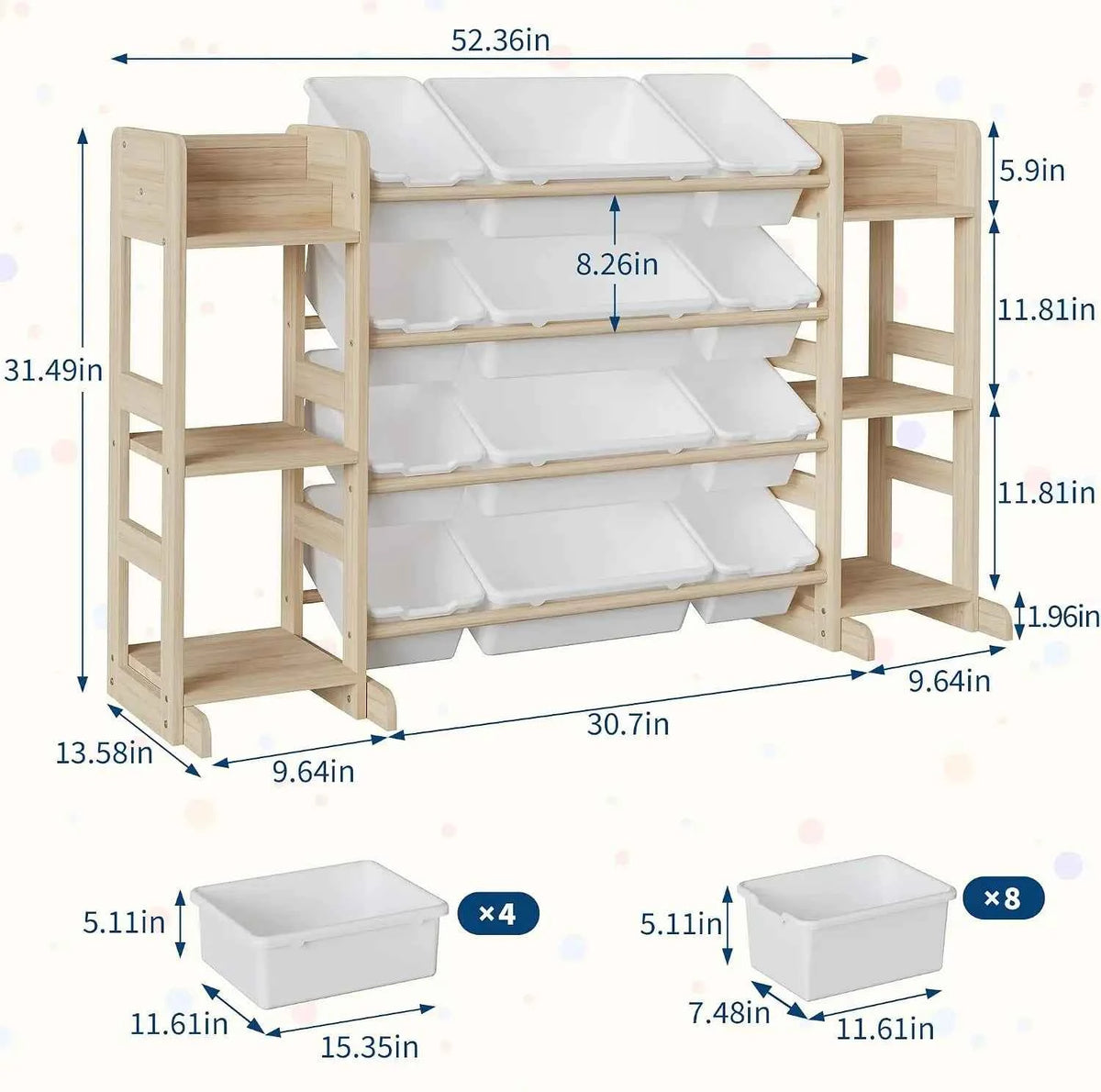 Tacleekii 42" 52" Wide Kids Toy Storage Organizer with 12 Bins & 3 Open Shelves. Solid Wood Storage Unit