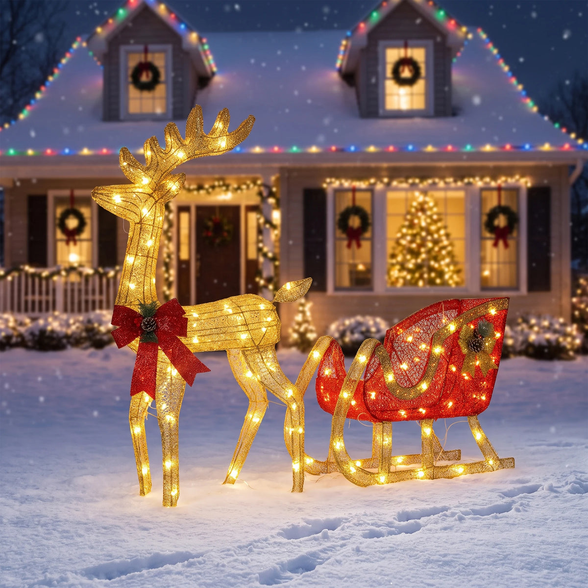 4ft Lighted Christmas Reindeer and Sleigh Outdoor Yard Decoration Set. Pre Lit White LED Holiday Display for Lawn Ornament for Winter Festival