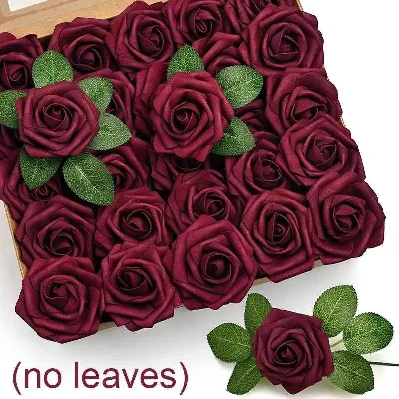 5-100pcs Fake Rose Flower Green Leaves for Valentine's Day ,Wedding, Birthday Party. Artificial Roses Heads with Stems Supplies