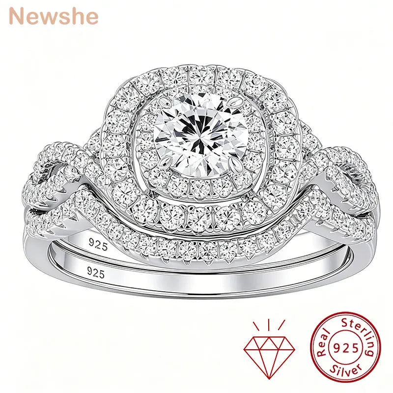 Newshe 2Pcs Halo Round Cut Moissanite Wedding Ring Set for Women. Solid 925 Sterling Silver Zircons Luxury Bridal Rings