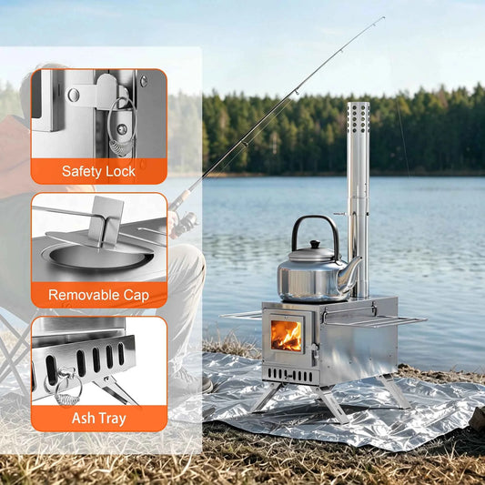 UNHO tent stove, portable wooden stove, large stainless steel tent fireplace, equipped with 6 chimney pipes, suitable for outdoor heating, cooking, hunting, barbecue and ice fishing.