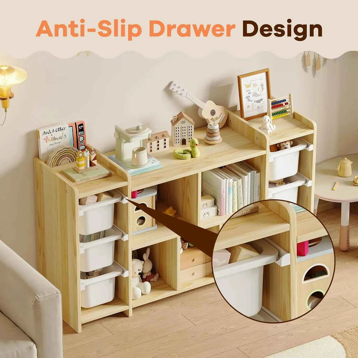 Montessori Kids Bookshelf and Toy Storage Organizer with 8 Shelves and 6 Removable Bins, 100% Solid Pine Wood. Toy Organizers and Storage for Kids Rooms, Playroom, Nursery