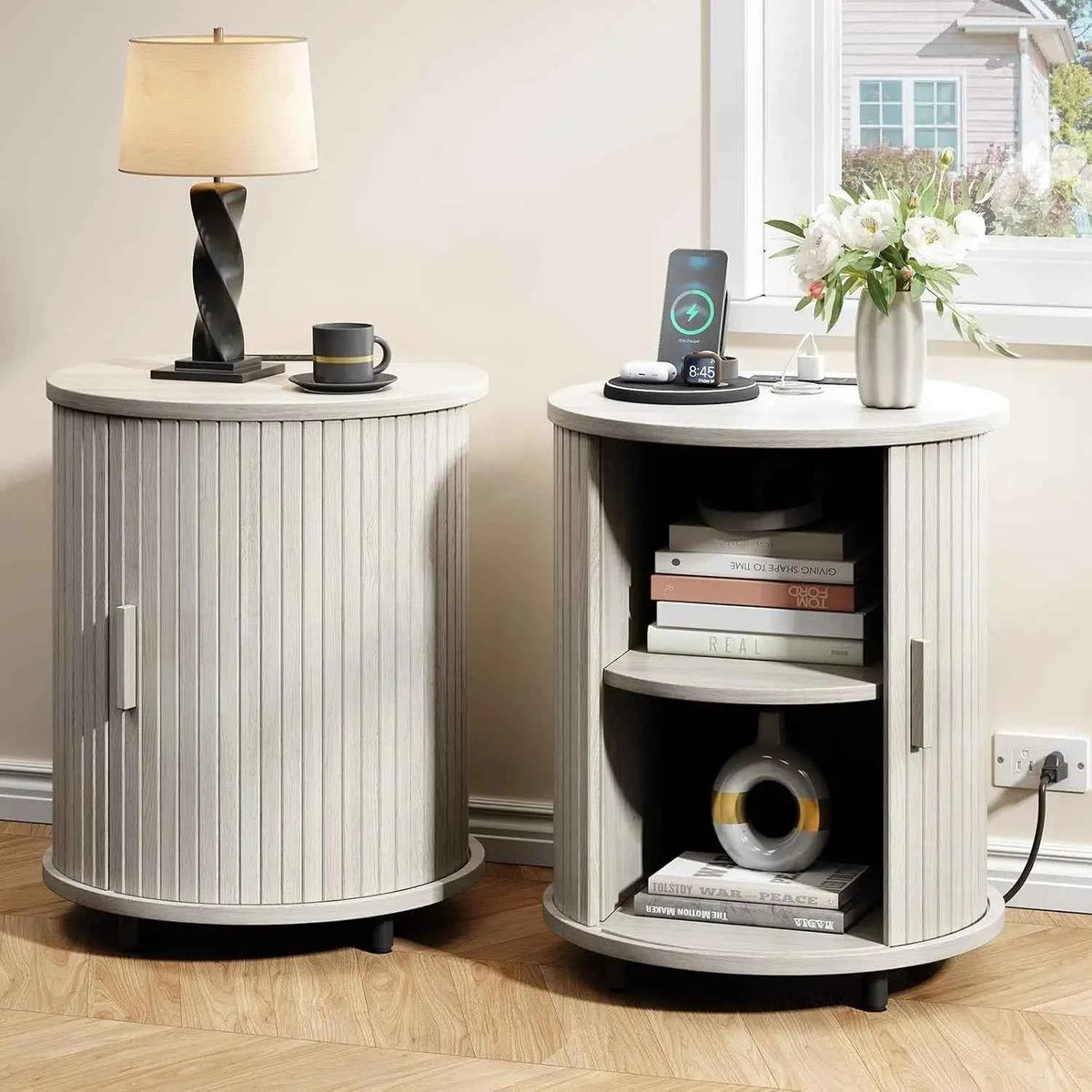 Black Small Round Side Table with Storage, Fluted Nightstand with Charging Station, Modern Bedside Tables, End Tables