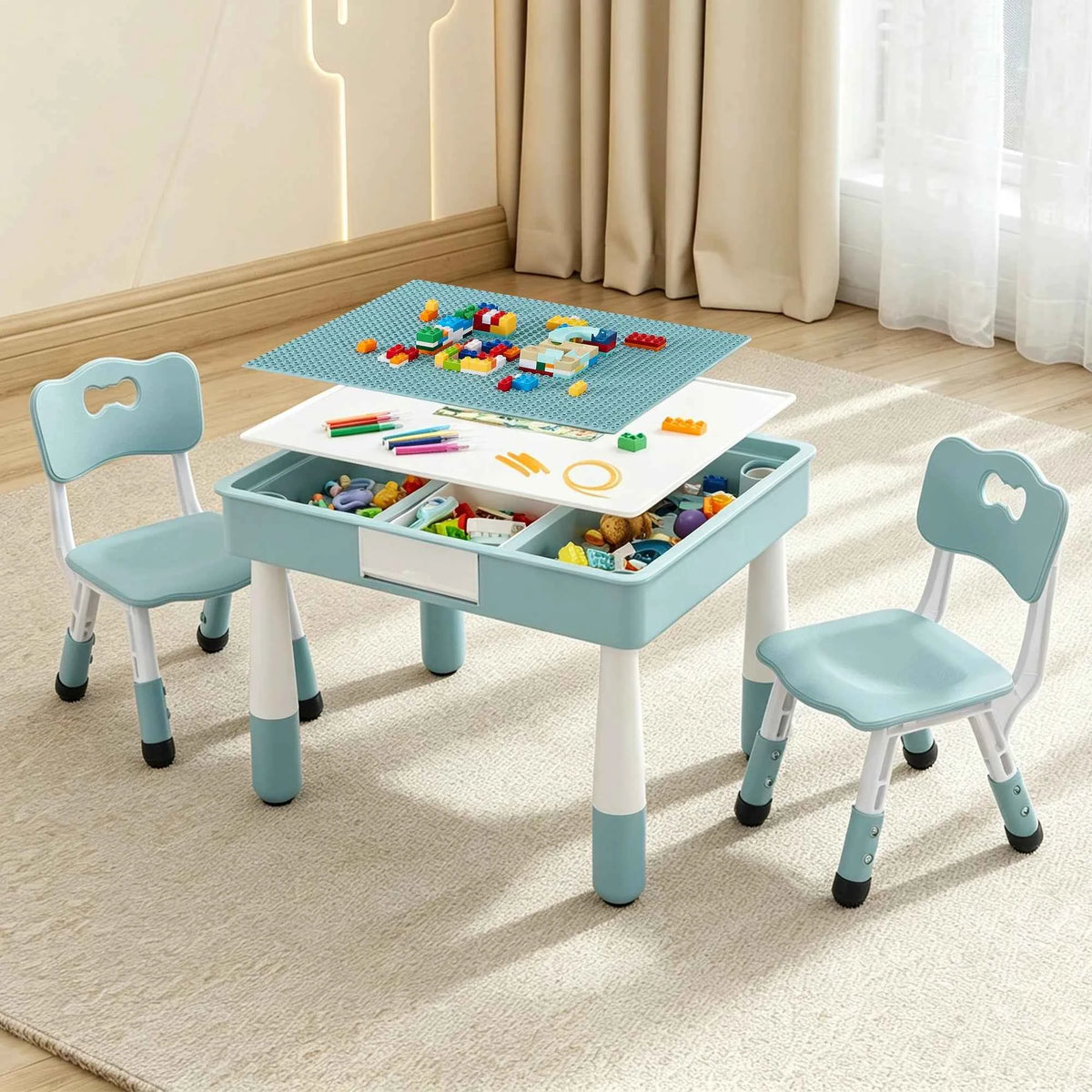 Kids 4 in 1 Table And 2 Chairs Set with Storage Toddler Desk And Chair Combo for Ages 3-10 Graffiti & Building Blocks Double-Sided. Grayish Blue