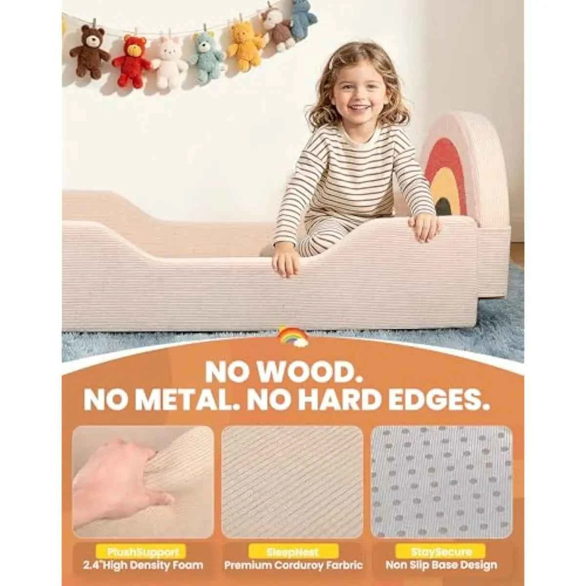 Soft Foam Toddler Floor Bed with Rainbow Headboard and Fold-Down Sides – No Assembly Required – Includes Integrated Mattress – B