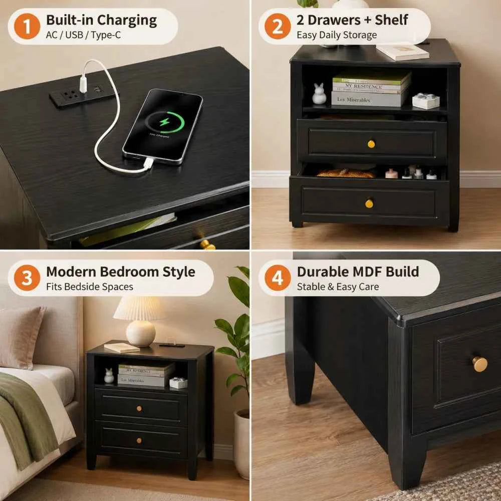 Nightstand with Charging Station, 2 Drawers and Open Shelf. With USB Type C Port & AC Outlet. Farmhouse Storage Cabinet.  Black