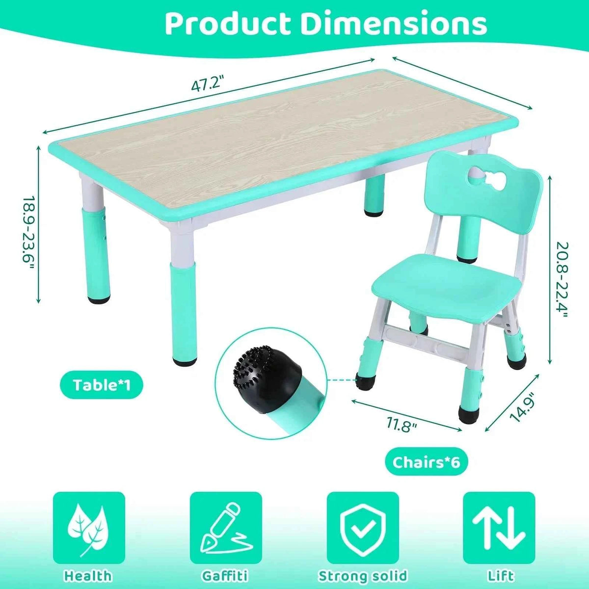 Homfa Rectangle Kids Table with 6 Chairs Set, Height Adjustable. Toddler Multi Activity Table Set, Arts & Crafts Desk for 2-10 years old.