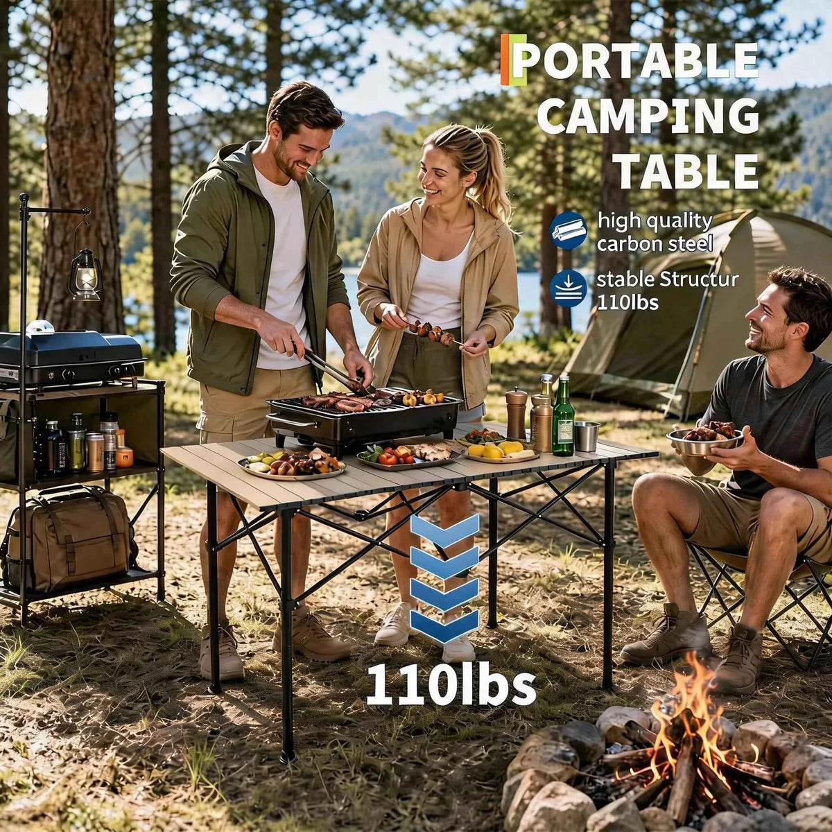 47x28x30in Folding Camping Table, Portable Aluminum Roll Up Table With Carry Bag, 110lb.
