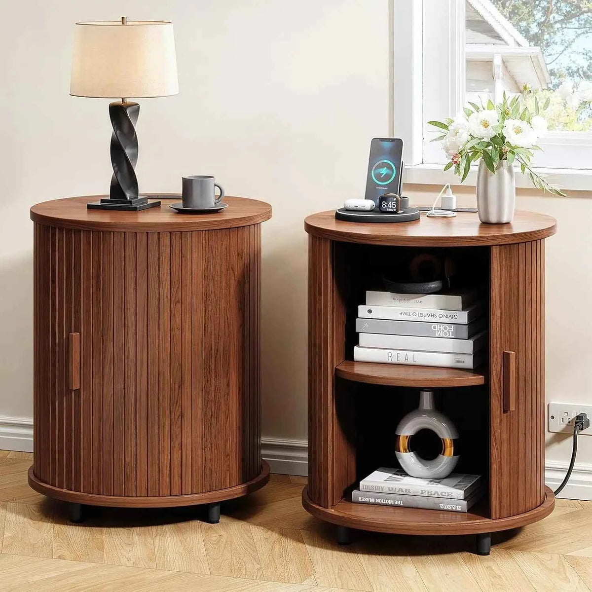Black Small Round Side Table with Storage, Fluted Nightstand with Charging Station, Modern Bedside Tables, End Tables