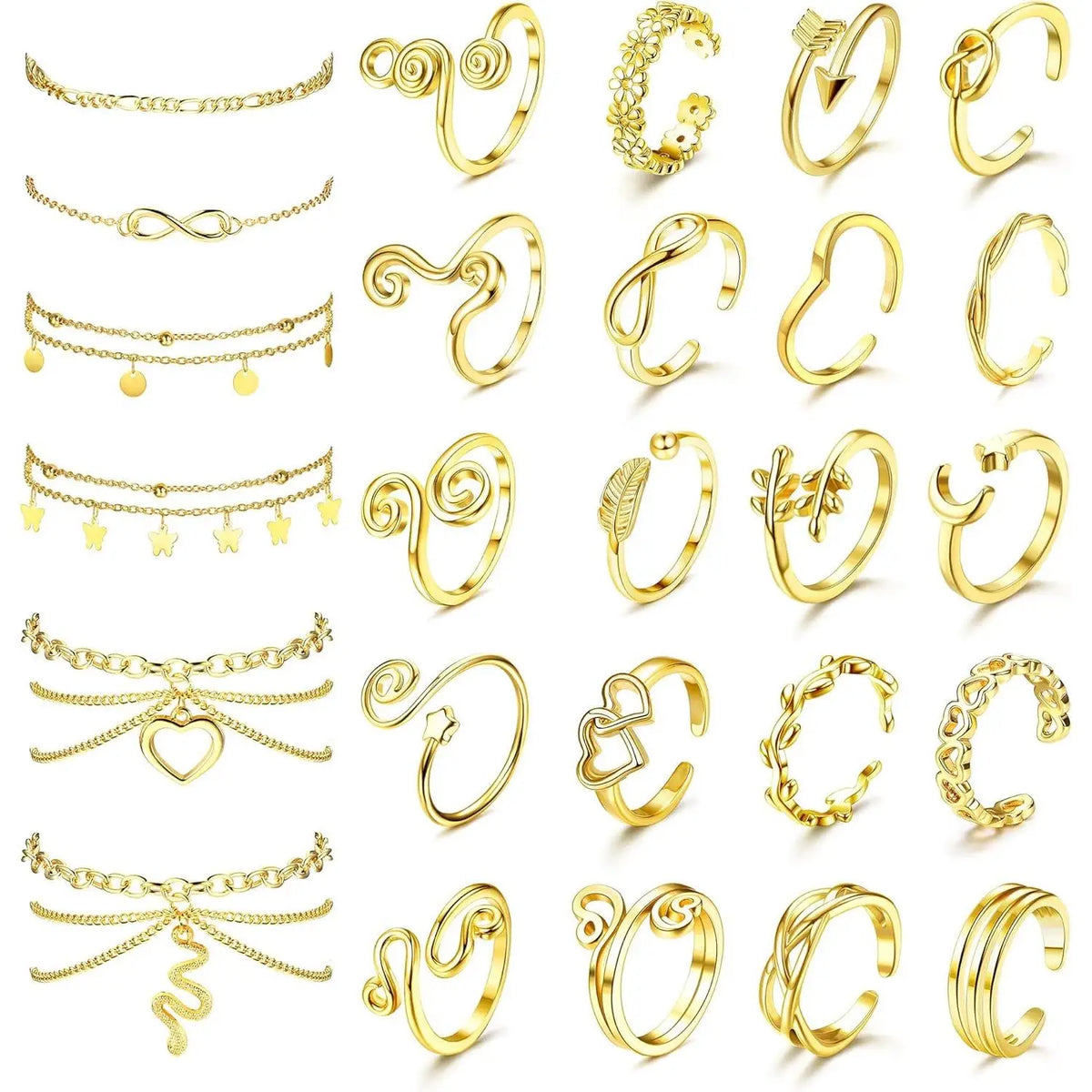 Toe Rings and Ankle Bracelets for Women. Gold Plated Cute Layered Anklets. Open Tail Ring. Adjustable Foot Jewelry