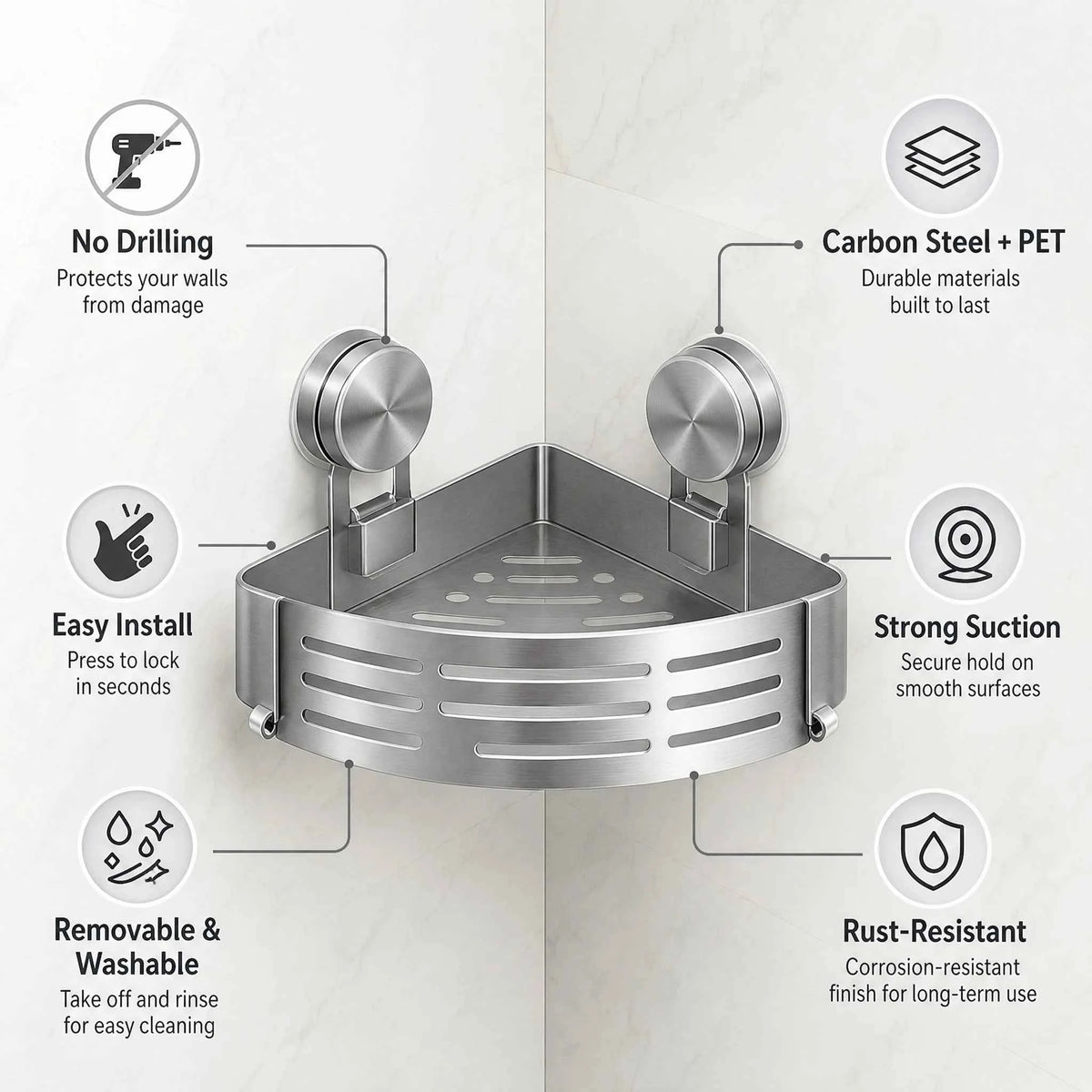 Shower Wall Storage Basket,Suction Mount No Drilling,Rustproof Aluminum, 4-Layer Protection,for Corner Space, Includes Towel Bar