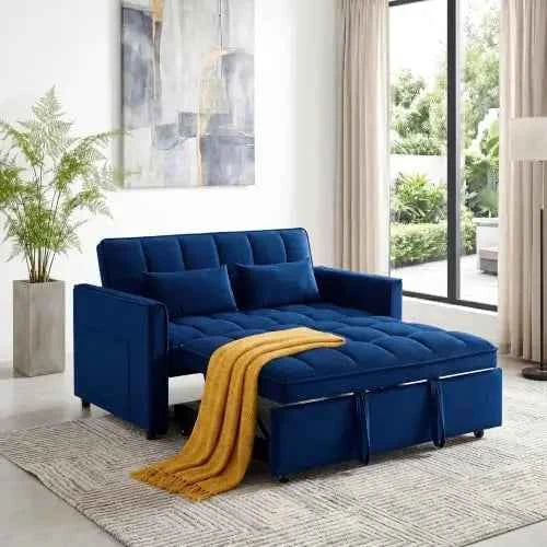 3 in 1 Convertible Sleeper Sofa Bed, 54'' Full Size Velvet Pull Out Futon Couch. With Reclining Backrest & 2 Pillows