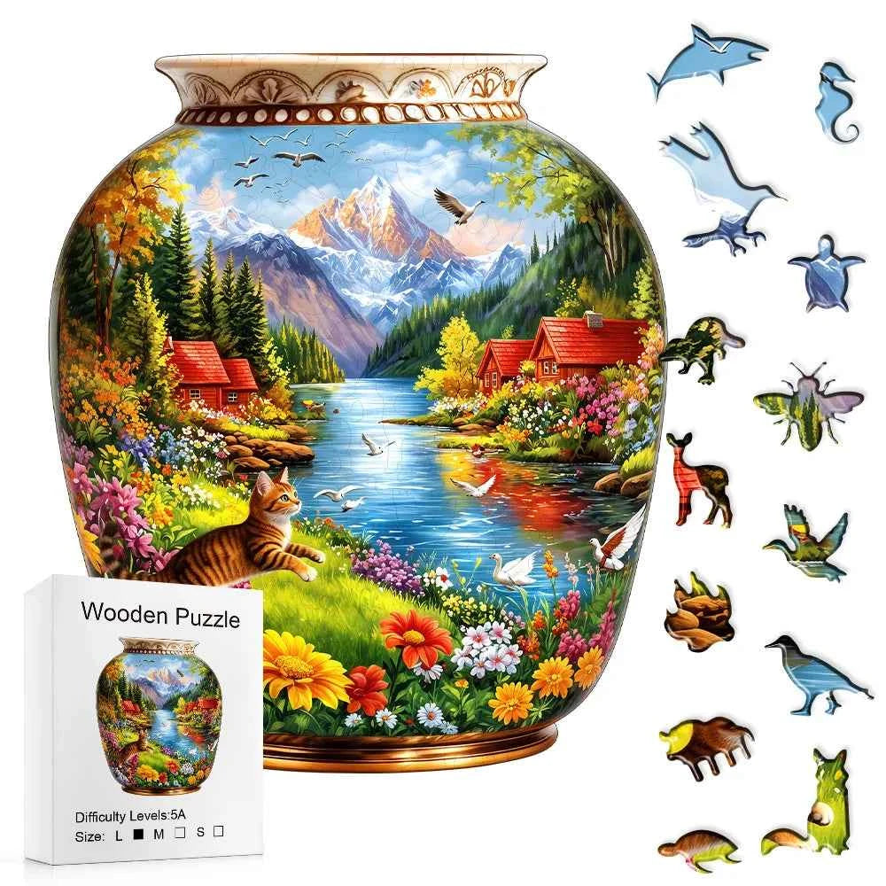 Vase Shaped Mountain Lake, Cat, Floral Wooden Jigsaw Puzzle, Country Cabin Riverside Scenery Irregular Basswood Puzzle,